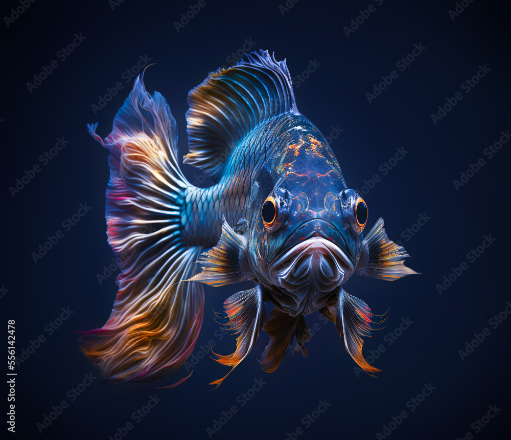 Fototapeta premium Cinematic fish moving on dark blue water background. Art created with Generative AI technology