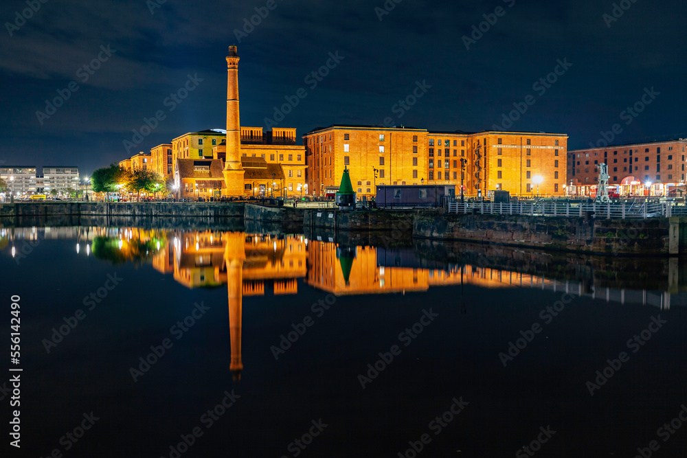 Historic landmark Pumphouse and Albert Dock Liverpool at night