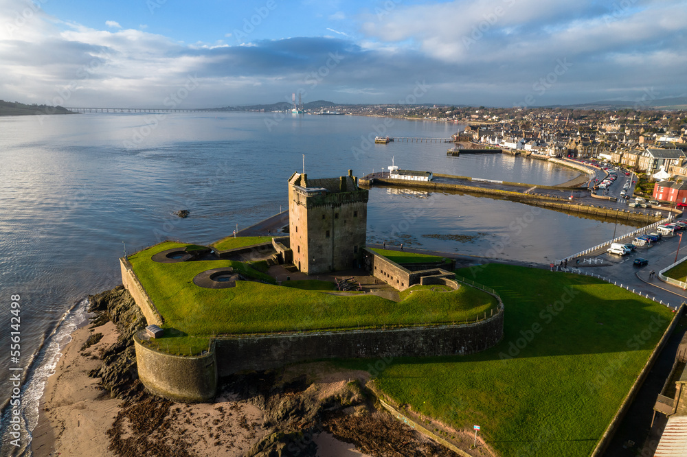 Brotie Castle on the banks of the River Tay at Brotie Ferry, Dundee, Scotland. View from above