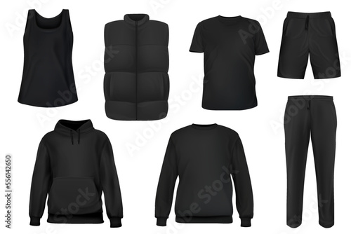 Set of vector realistic black t-shirt, sweatshirt, hoodie, vest, shorts, pants base cloth isolated on white background. 3d mockup for branding or fashion. Collection design casual template.