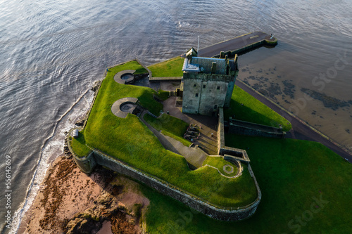 Brotie Castle on the banks of the River Tay at Brotie Ferry, Dundee, Scotland.  View from above
