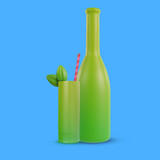 3d realistic cocktail drink and bottle for juice or alcohol with two green leafs. Vector object in modern minimal cartoon glossy style. Sweet colorful illustration isolated on clear background.