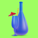 3d realistic cocktail drink and bottle for juice or alcohol. Vector object in modern minimal cartoon glossy style. Sweet colorful illustration isolated on clean background.