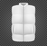 Realistic white vest jacket. Sleeveless puffer isolated on transparent background. Blank mockup waistcoat for branding man or woman fashion. Design casual template. Vector illustration.