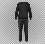 Set realistic black casual sport suit. Base clothes isolated on transparent background. Blank mockup costume for branding man or woman fashion. Design casual template. Vector pants and sweatshirt.