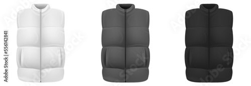Set realistic vest jacket. Sleeveless puffer isolated on white background. Blank mockup waistcoat for branding man or woman fashion. Design casual template. Vector illustration.