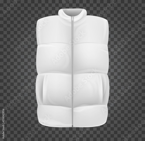 Realistic white vest jacket. Sleeveless puffer isolated on transparent background. Blank mockup waistcoat for branding man or woman fashion. Design casual template. Vector illustration.