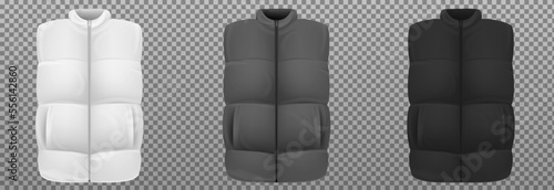 Set realistic vest jacket. Sleeveless puffer isolated on transparent background. Blank mockup waistcoat for branding man or woman fashion. Design casual template. Vector illustration.