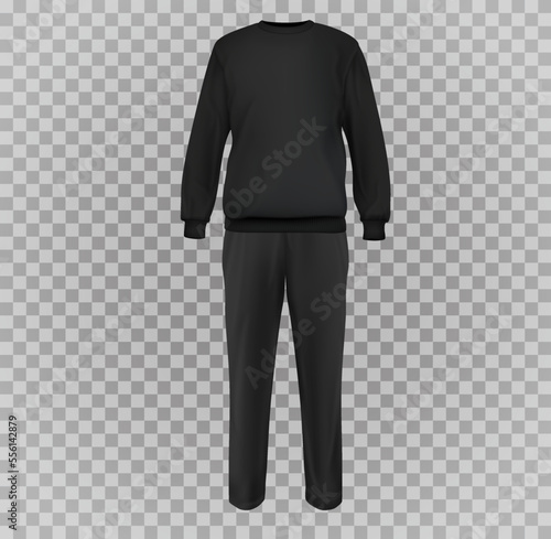 Set realistic black casual sport suit. Base clothes isolated on transparent background. Blank mockup costume for branding man or woman fashion. Design casual template. Vector pants and sweatshirt.