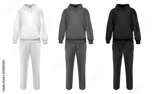 Set realistic white, gray, black suit. Base clothes isolated on clean background. Collection blank mockup for branding man or woman fashion. Design casual template. Vector pants and hoodie.