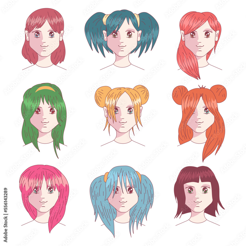 Anime hair style vector cartoon set isolated on a white background. Anime hair style vector cartoon set isolated on a white background.