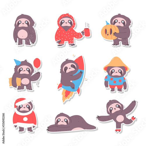Fototapeta Naklejka Na Ścianę i Meble -  Cute sloth sticker vector cartoon animal characters set isolated on a white background.