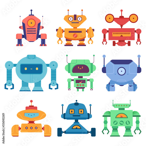 Cute robot vector cartoon characters set isolated on white background.