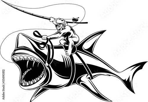 Jockey Monkey Riding a Aggressive Shark to go Fishing