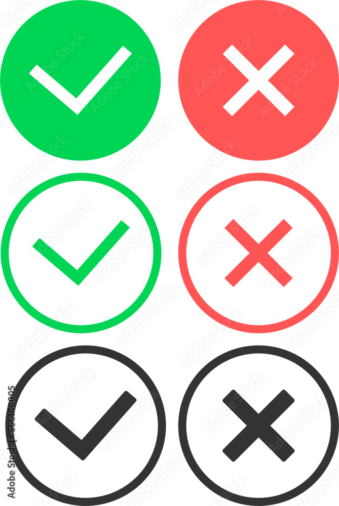 Accept and reject icons. Selection marks. Accept and reject icons. Selection marks.