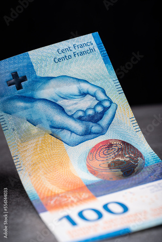 One hundred Swiss francs. Studio photography, with many small details. © mahalai