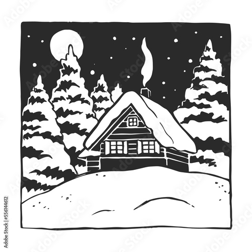 Vector hand-drawn illustration of winter landscape with house and trees. Black and white sketch for Christmas design.