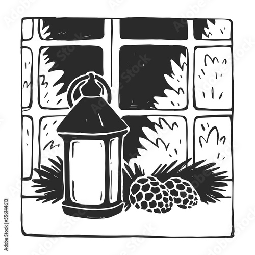 Vector hand-drawn illustration of a lantern with Christmas decorations on window background. Black and white sketch with New Year symbol.
