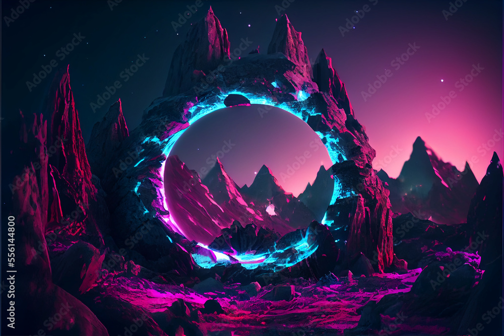 3d Render, Abstract Neon Background, Mystical Cosmic Landscape, Pink ...