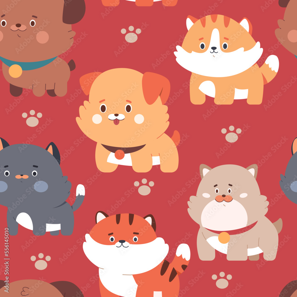 Cute puppies and kitties vector cartoon seamless pattern background for wallpaper, wrapping, packing, and backdrop. Cute puppies and kitties vector cartoon seamless pattern background for wallpaper, wrapping, packing, and backdrop.