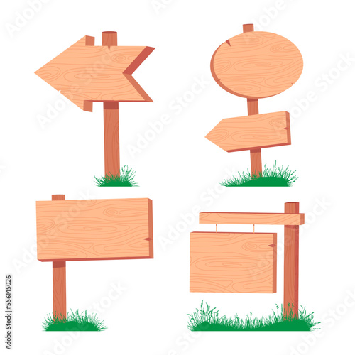 Wood sign on a stick in the grass vector cartoon set isolated on a white background.