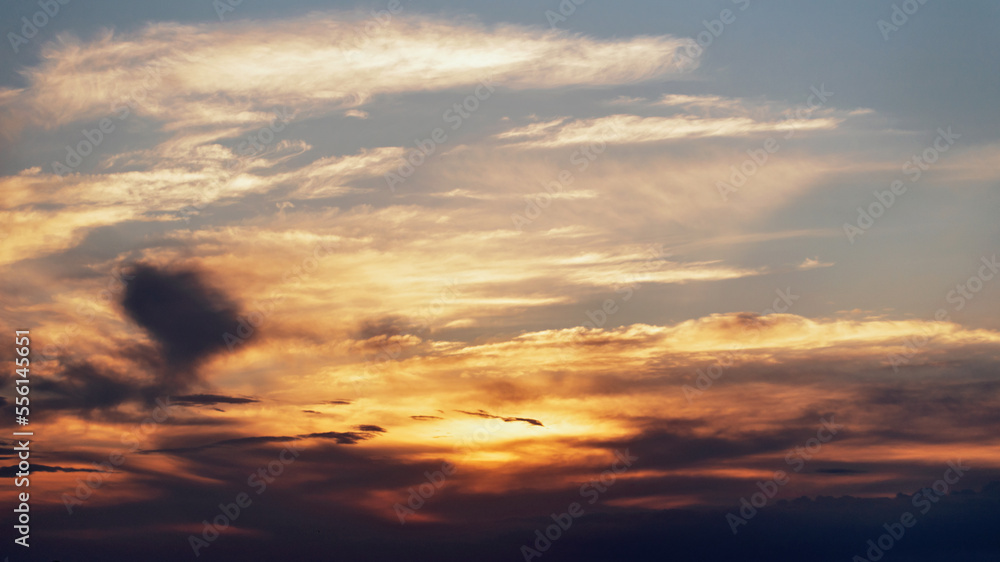 Panorama of vibrant color with beautiful cloud of sunrise and sunset. Panoramic image. Sunset sky for background or sunrise sky and cloud at morning. World Environment Day concept: