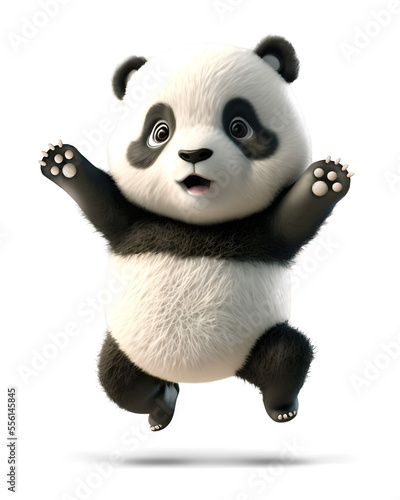 Cute baby panda cub jumping, 3D illustration on isolated background