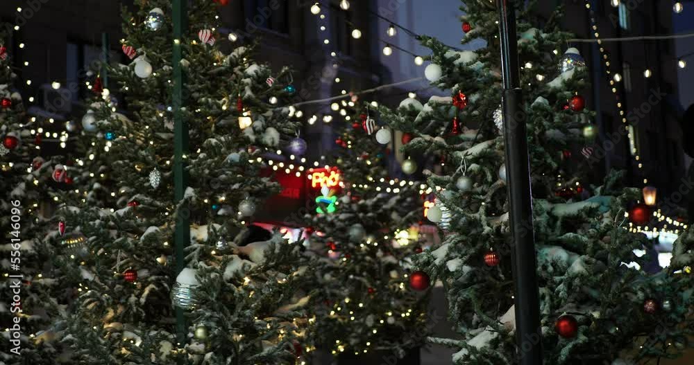 Novosibirsk, Siberia / Russia-December, 24, 2022: Night City. People on the streets of the city decorated for Christmas and New Year. Hand held. Novosibirsk, Siberia / Russia-December, 24, 2022: Night City. People on the streets of the city decorated for Christmas and New Year. Hand held.