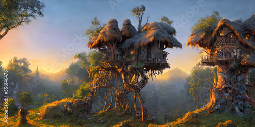 Treehouse, valley, fairytale treehouse village covered,matte painting, dynamic lighting, cinematic, realism, realistic, sunset,high contrast © Muhammad