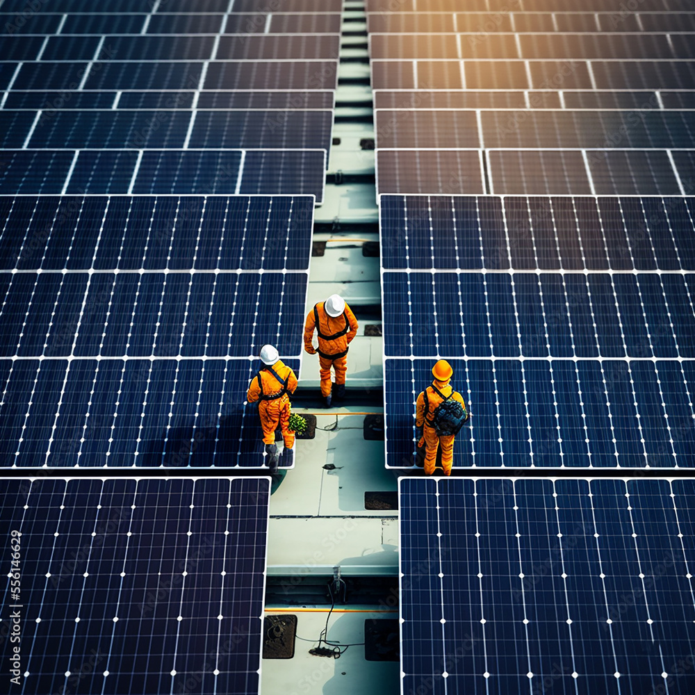 Unrecognizable engineers installing some solar panels. Solar panels