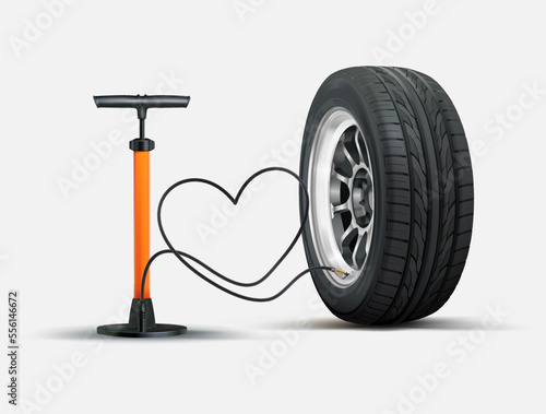 Tire fitting. Pump, car wheel and tire pressure gauge in flat design. Manual pump and wheel. Automobile air-pump. Hand pump with car wheel.