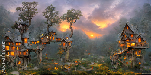 Treehouse  valley  fairytale treehouse village covered matte painting  dynamic lighting  cinematic  realism  realistic  sunset high contrast