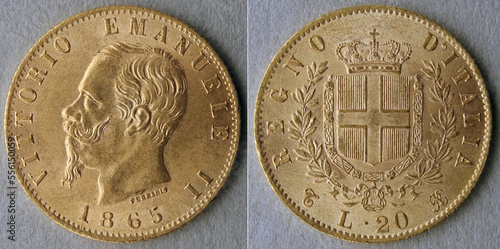 Kingdom of Italy, old vintage gold coin, 20 Lire year 1865, macro photo image front and back photo