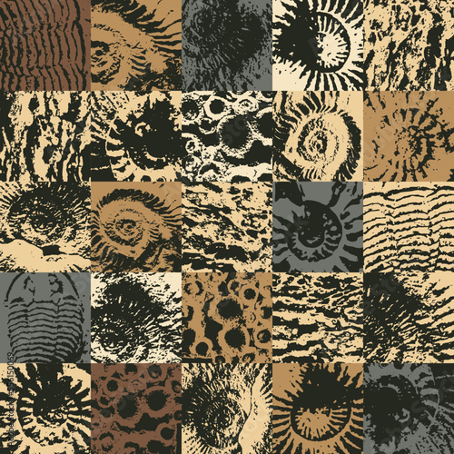 vector abstact seamless pattern background with sea stone texture with imprints of shells of ancient ammonite shells. Suitable for wallpaper design, wrapping paper, fabric, ceramic tiles