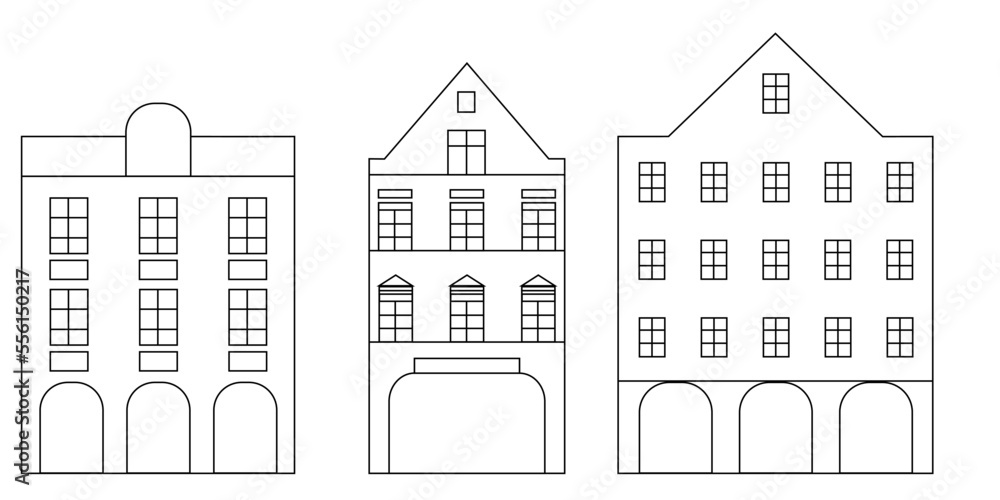Black and white graphic buildings, houses.