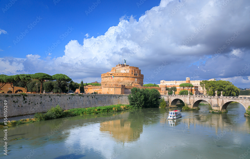 Tiber River in Rome, Italy: view of Castle of the Holy Angel (Castel Sant'Angelo) and bridge Ponte Sant'Angelo. 