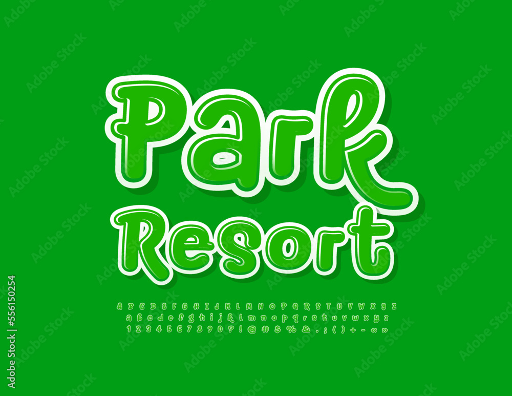 Vector eco sign Park Resort. Green handwritten Font. Funny creative Alphabet Letters and Numbers set Vector eco sign Park Resort. Green handwritten Font. Funny creative Alphabet Letters and Numbers set