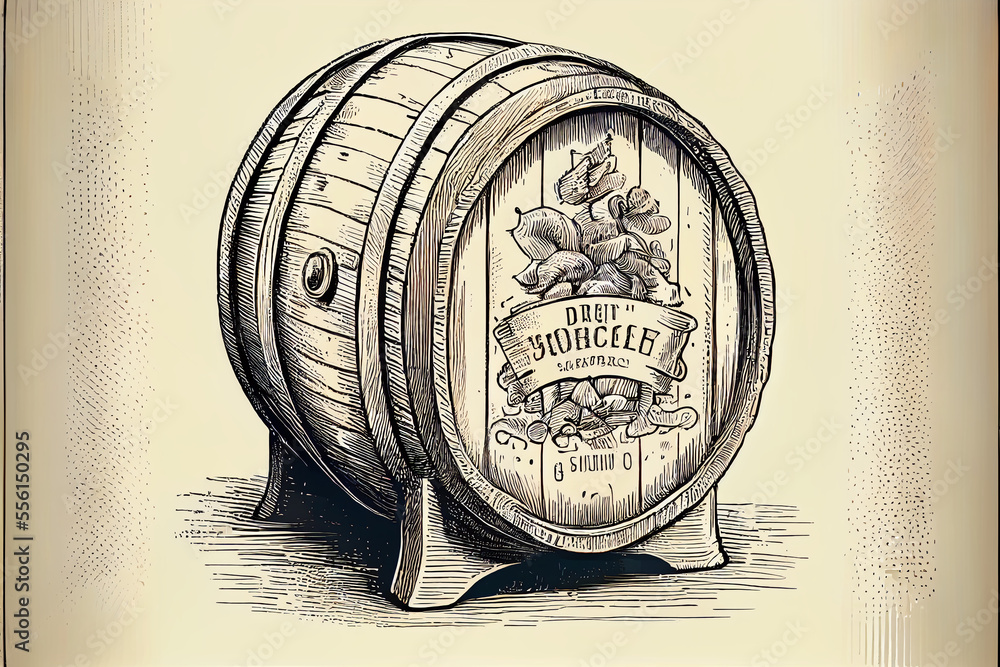 Ilustrace „Cask or wooden barrel for storing alcohol. Hand drawn sketch