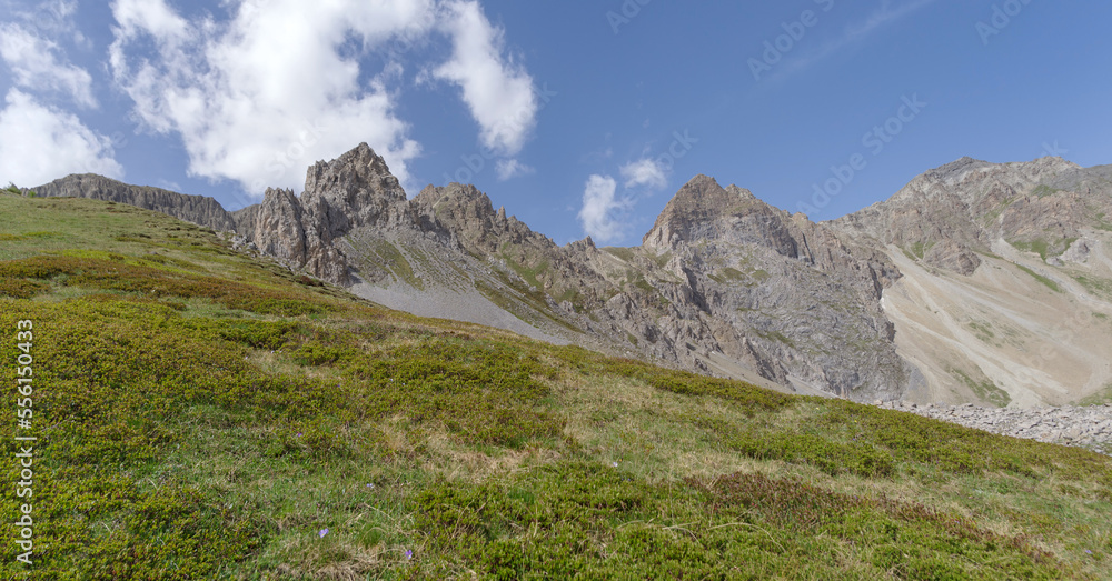 Rocky mountain peaks in Maira Valley mountains, Italian Cottian Alps