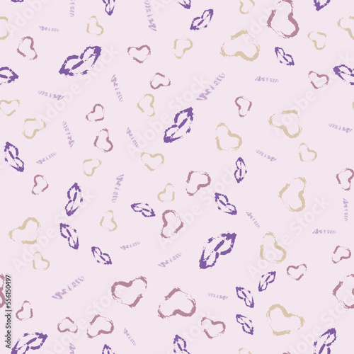 Bright seamless texture with hearts and kisses drawn in doodle style. Pattern for wrapping paper for Valentine's Day, wedding
