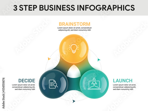 Triangle shaped colorful circle diagram infographics. 3 Step business process infographic concept.
