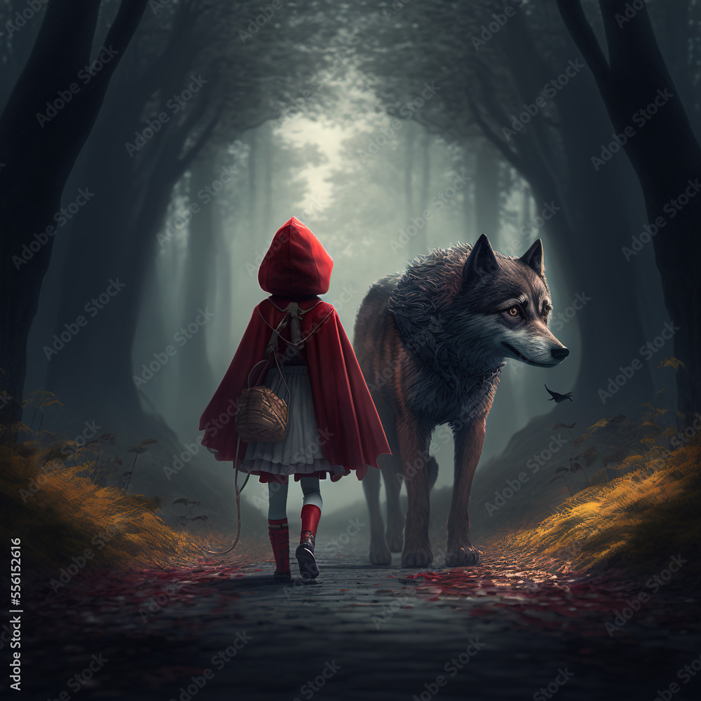 little red riding hood with a wolf in the forest Stock Illustration | Adobe  Stock
