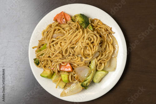 Vegetable lo mein on a plate