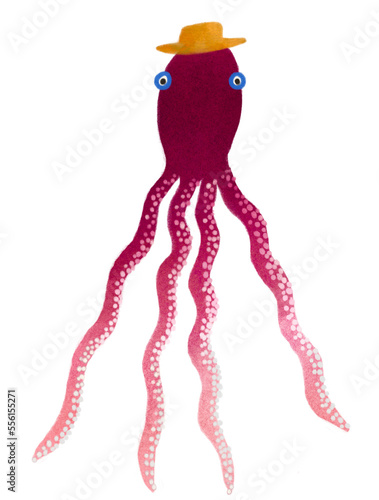 Funny watercolour octopus. Red octopus in hat. Sea creature. 