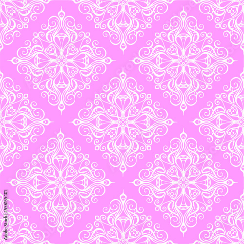 seamless graphic pattern, tile with abstract geometric white ornament on pink background, texture, design