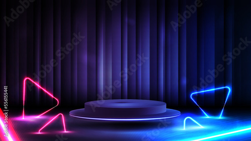 Empty podium with curtain on background and neon blue and pink triangles around.