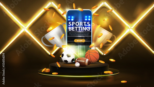 Sports betting, digital banner with smartphone, champion cups, falling gold coins, sport balls on gold podium floating in the air in dark scene with wall of line rhombus gold neon lamps
