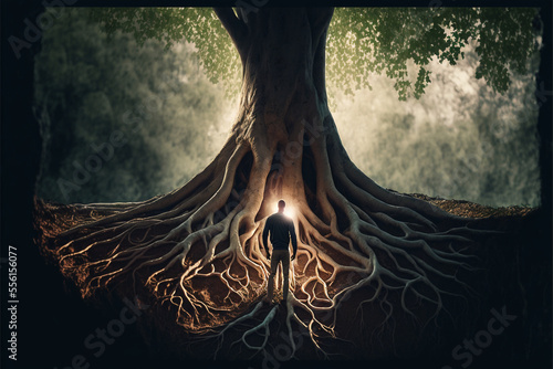 person standing in front of a tree with deep roots, representing the strength and stability of a solid foundation in life, REALISTIC (AI Generated)