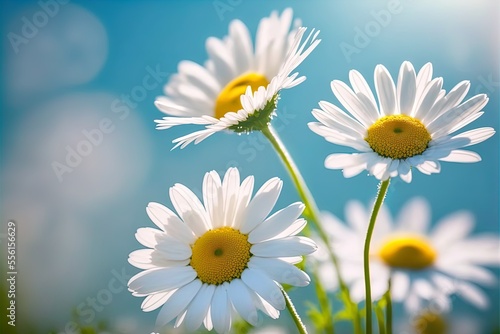 Chamomile daisy flowers on blue sky background