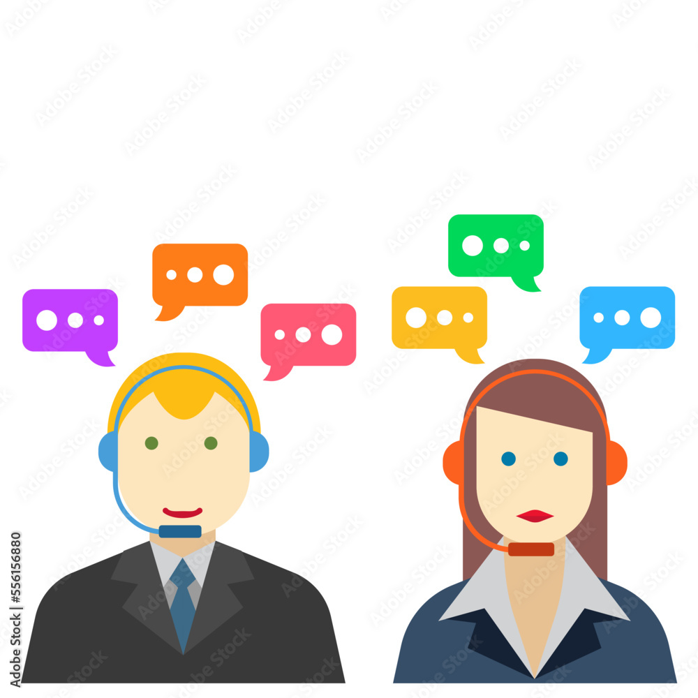 Male and female call center avatar icons with a faceless man and woman wearing headsets with colorful speech bubbles conceptual of client services and communication
